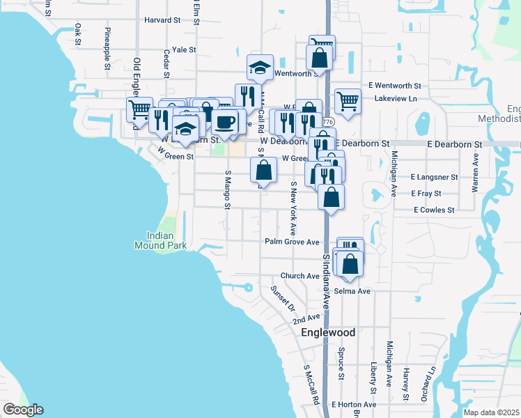 map of restaurants, bars, coffee shops, grocery stores, and more near 201 South McCall Road in Englewood