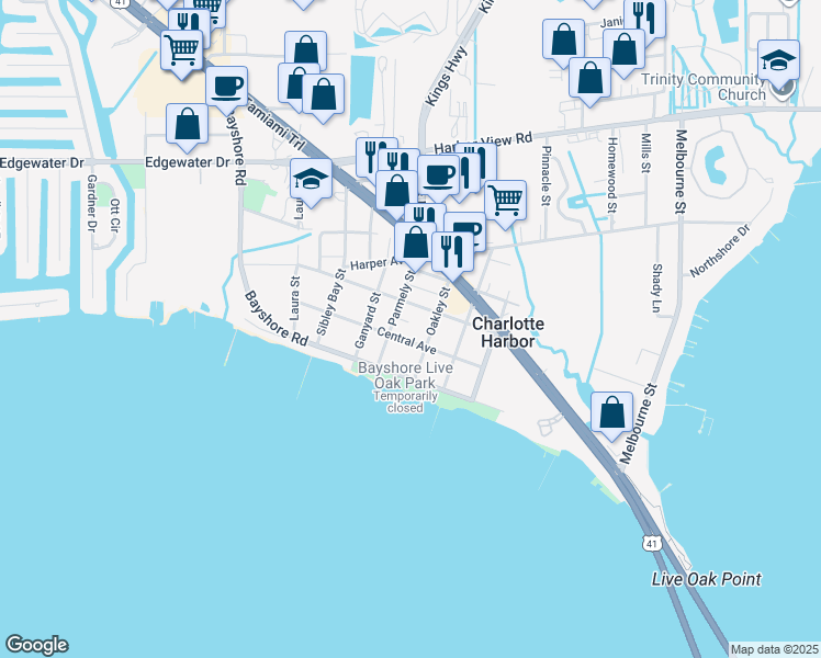 map of restaurants, bars, coffee shops, grocery stores, and more near 23083 Central Avenue in Port Charlotte