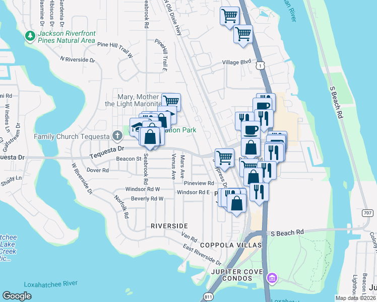 map of restaurants, bars, coffee shops, grocery stores, and more near 331 Tequesta Drive in Jupiter