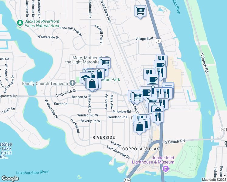 map of restaurants, bars, coffee shops, grocery stores, and more near 367 Mars Avenue in Tequesta