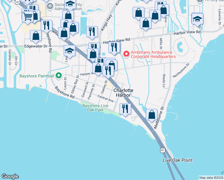 map of restaurants, bars, coffee shops, grocery stores, and more near Church Street in Punta Gorda