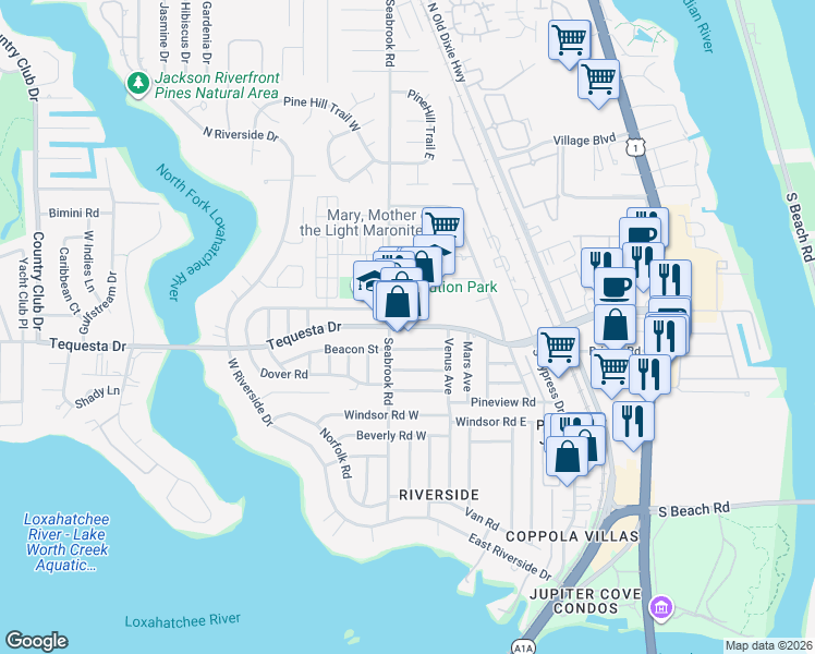 map of restaurants, bars, coffee shops, grocery stores, and more near 384 Tequesta Drive in Tequesta