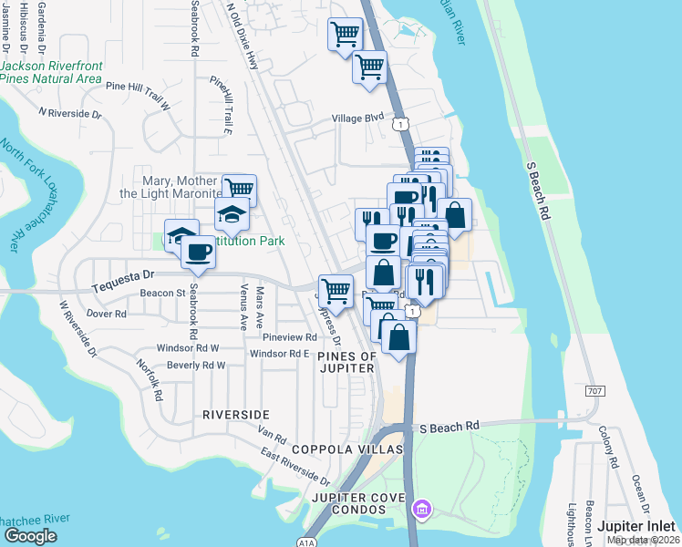 map of restaurants, bars, coffee shops, grocery stores, and more near Old Dixie Hwy & Tequesta Dr in Tequesta