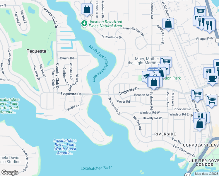 map of restaurants, bars, coffee shops, grocery stores, and more near 391 West Riverside Drive in Jupiter