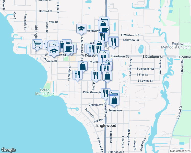 map of restaurants, bars, coffee shops, grocery stores, and more near 60 West Fray Street in Englewood
