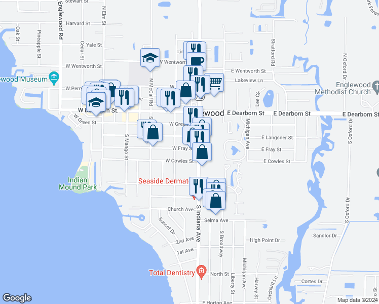 map of restaurants, bars, coffee shops, grocery stores, and more near 45 West Fray Street in Englewood
