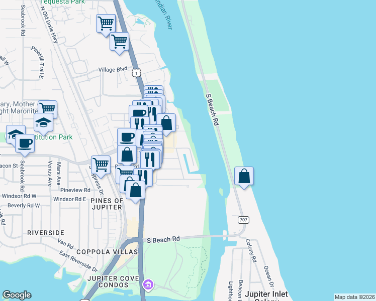 map of restaurants, bars, coffee shops, grocery stores, and more near 19214 Waterway Road in Jupiter