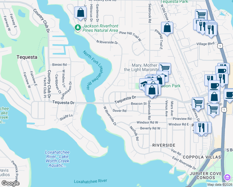 map of restaurants, bars, coffee shops, grocery stores, and more near 394 Evergreen Avenue in Jupiter