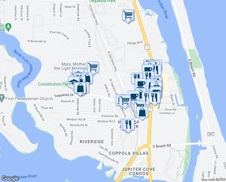 map of restaurants, bars, coffee shops, grocery stores, and more near 71 Willow Road in Jupiter