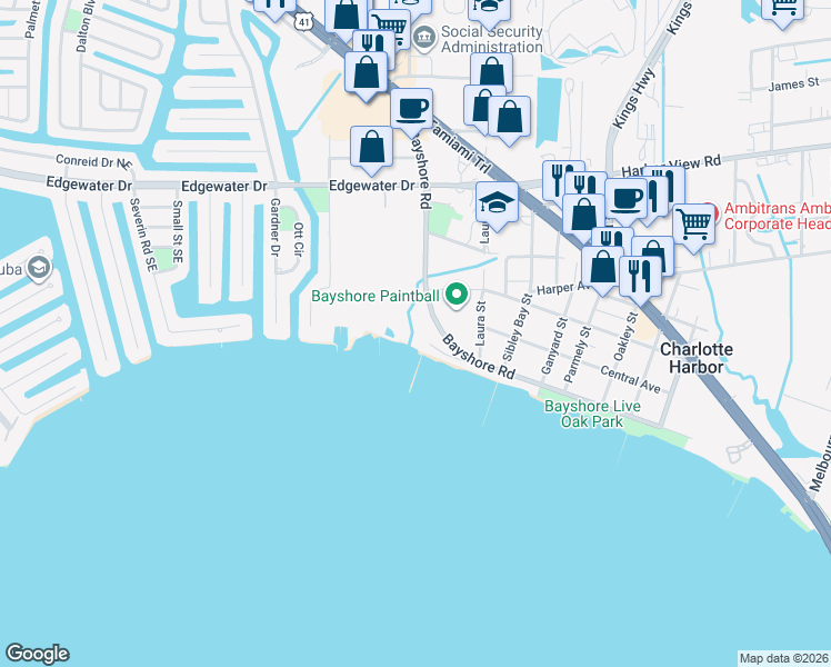 map of restaurants, bars, coffee shops, grocery stores, and more near 22901 Bayshore Road in Port Charlotte