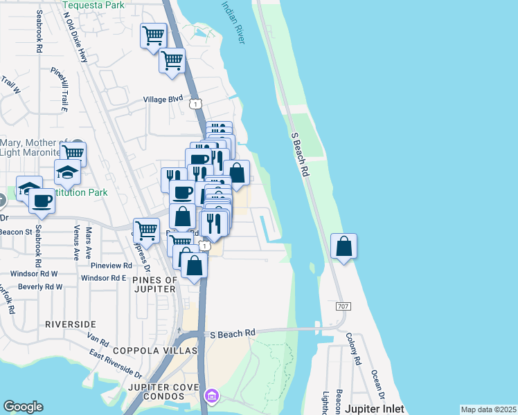 map of restaurants, bars, coffee shops, grocery stores, and more near 19198 Basin Street in Jupiter