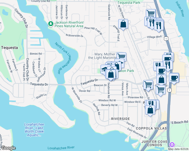 map of restaurants, bars, coffee shops, grocery stores, and more near 586 Dover Road in Jupiter