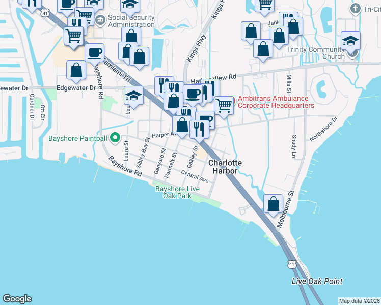 map of restaurants, bars, coffee shops, grocery stores, and more near 4460 Oakley Street in Punta Gorda