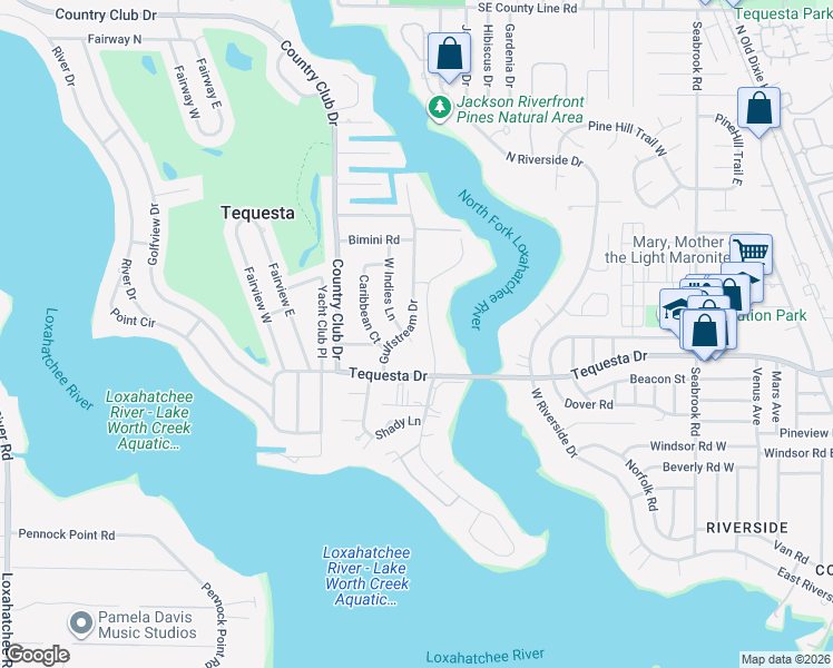 map of restaurants, bars, coffee shops, grocery stores, and more near 19236 Gulfstream Drive in Jupiter