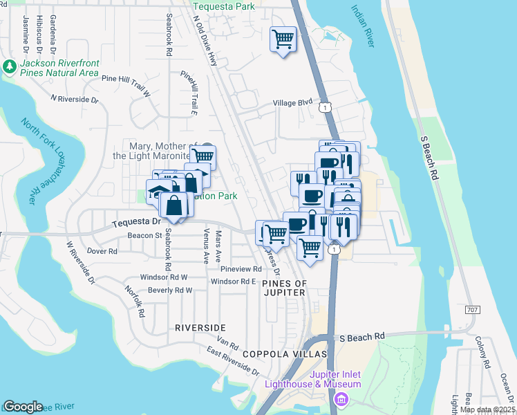 map of restaurants, bars, coffee shops, grocery stores, and more near 406 North Cypress Drive in Tequesta