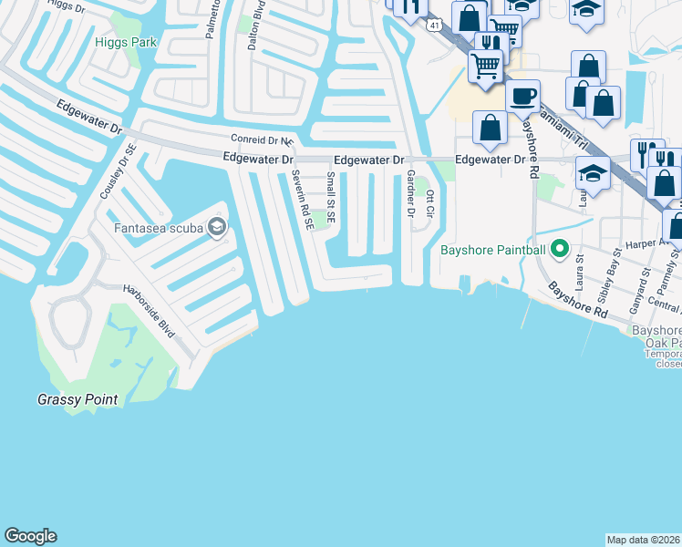 map of restaurants, bars, coffee shops, grocery stores, and more near 318 Severin Road Southeast in Port Charlotte