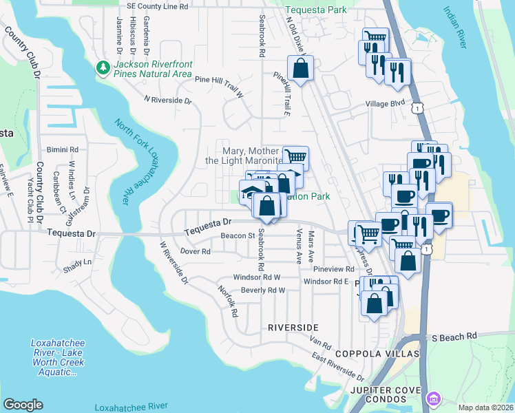 map of restaurants, bars, coffee shops, grocery stores, and more near 391 Seabrook Road in Jupiter