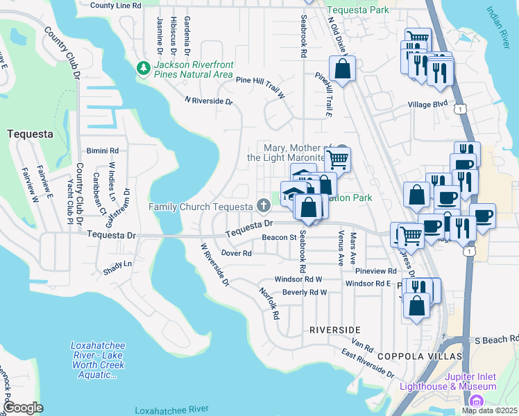 map of restaurants, bars, coffee shops, grocery stores, and more near 574 Dover Road in Jupiter