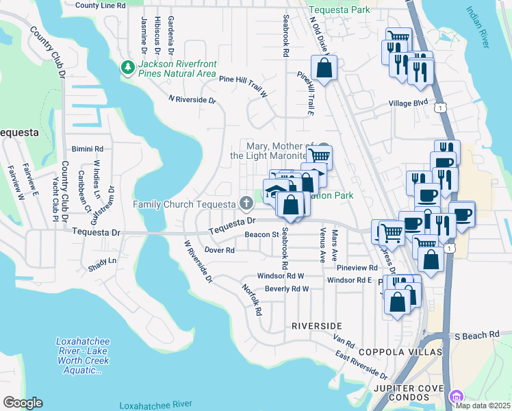 map of restaurants, bars, coffee shops, grocery stores, and more near 586 Dover Road in Jupiter