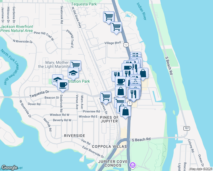 map of restaurants, bars, coffee shops, grocery stores, and more near 112 Lighthouse Circle in Tequesta