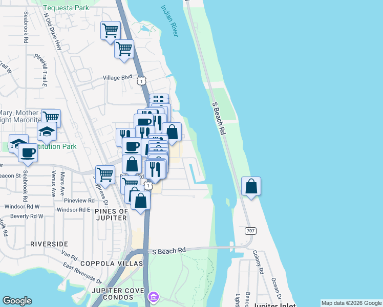 map of restaurants, bars, coffee shops, grocery stores, and more near 19198 Basin Street in Jupiter