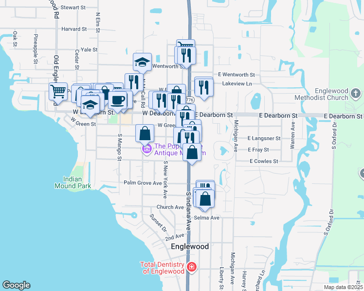 map of restaurants, bars, coffee shops, grocery stores, and more near 125 South Indiana Avenue in Englewood