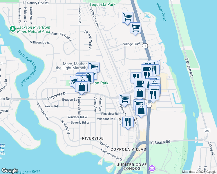 map of restaurants, bars, coffee shops, grocery stores, and more near 71 Willow Road in Jupiter