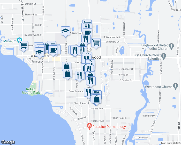 map of restaurants, bars, coffee shops, grocery stores, and more near 125 South Indiana Avenue in Englewood