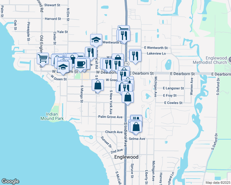 map of restaurants, bars, coffee shops, grocery stores, and more near 60 West Fray Street in Englewood