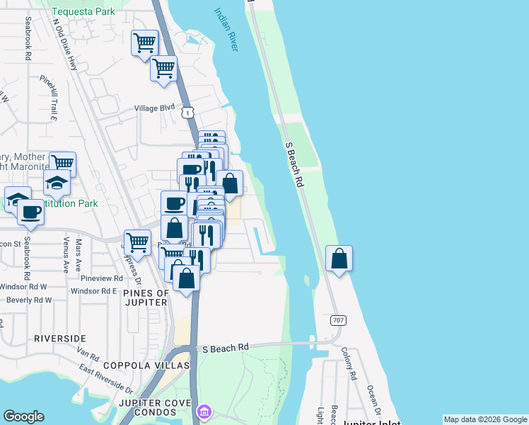 map of restaurants, bars, coffee shops, grocery stores, and more near 19214 Waterway Road in Jupiter