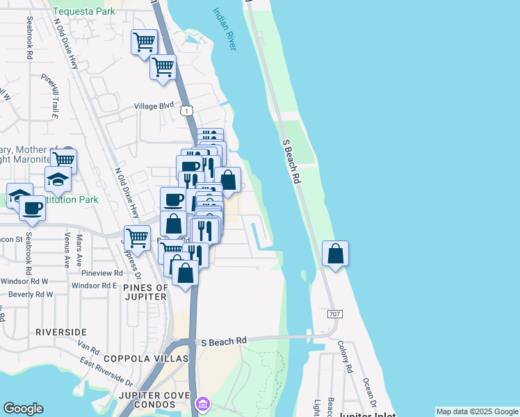 map of restaurants, bars, coffee shops, grocery stores, and more near 19214 Waterway Road in Jupiter