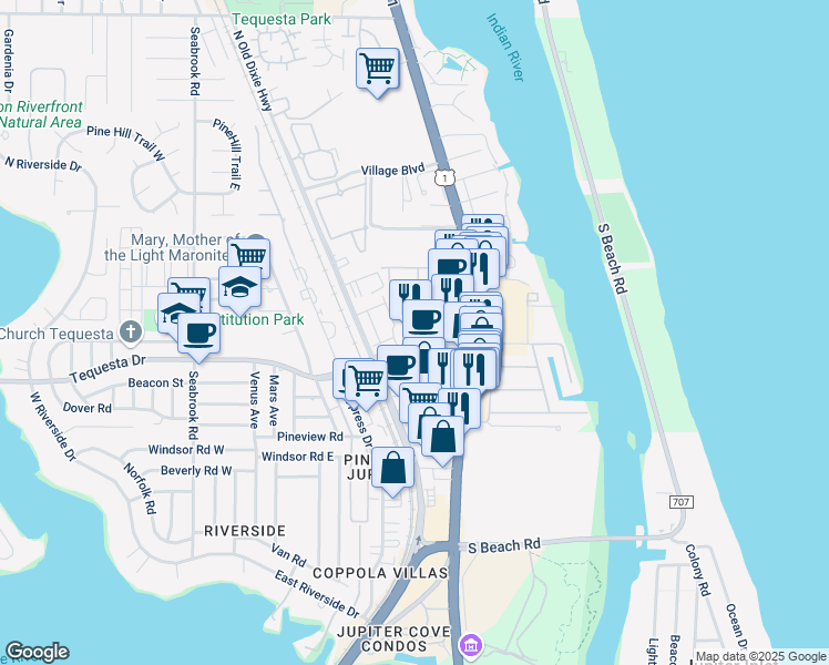 map of restaurants, bars, coffee shops, grocery stores, and more near 187 Tequesta Oaks Drive in Tequesta