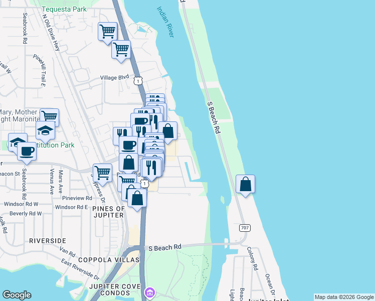 map of restaurants, bars, coffee shops, grocery stores, and more near 100 Waterway Road in Tequesta