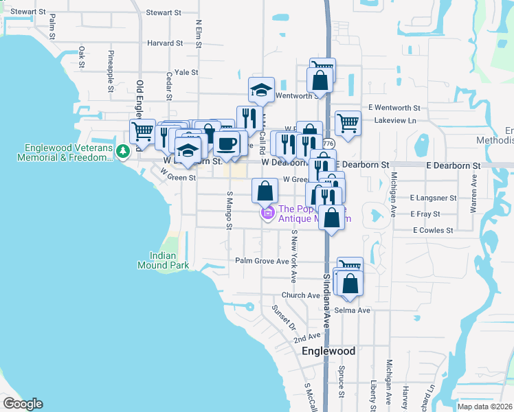 map of restaurants, bars, coffee shops, grocery stores, and more near 130 South McCall Road in Englewood