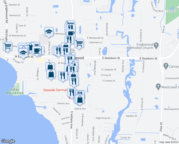 map of restaurants, bars, coffee shops, grocery stores, and more near 521 Pine Hollow Circle in Englewood