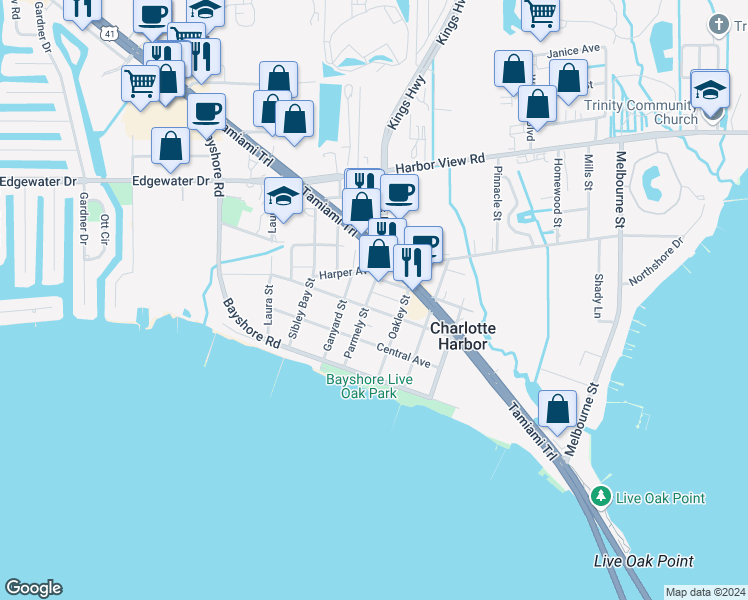 map of restaurants, bars, coffee shops, grocery stores, and more near 23084 Seneca Avenue in Port Charlotte