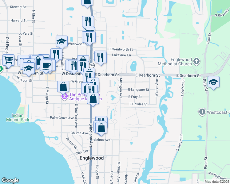map of restaurants, bars, coffee shops, grocery stores, and more near 515 Pine Hollow Circle in Englewood