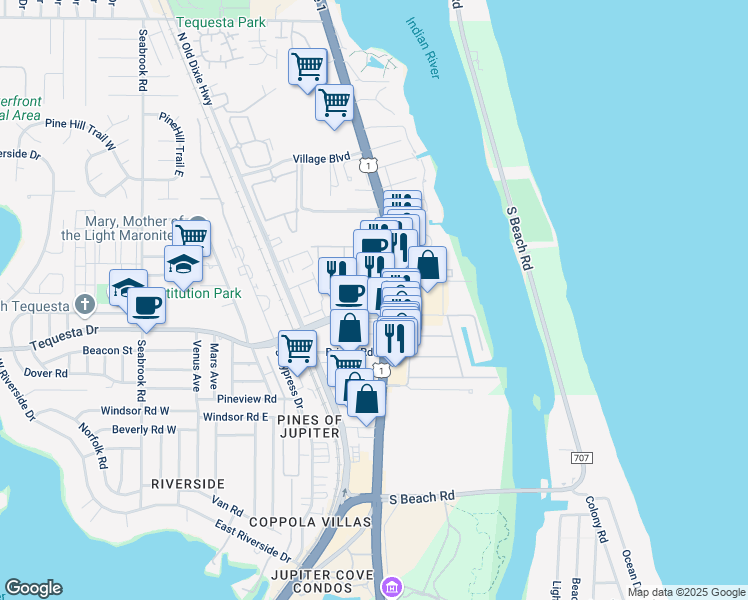 map of restaurants, bars, coffee shops, grocery stores, and more near in Tequesta