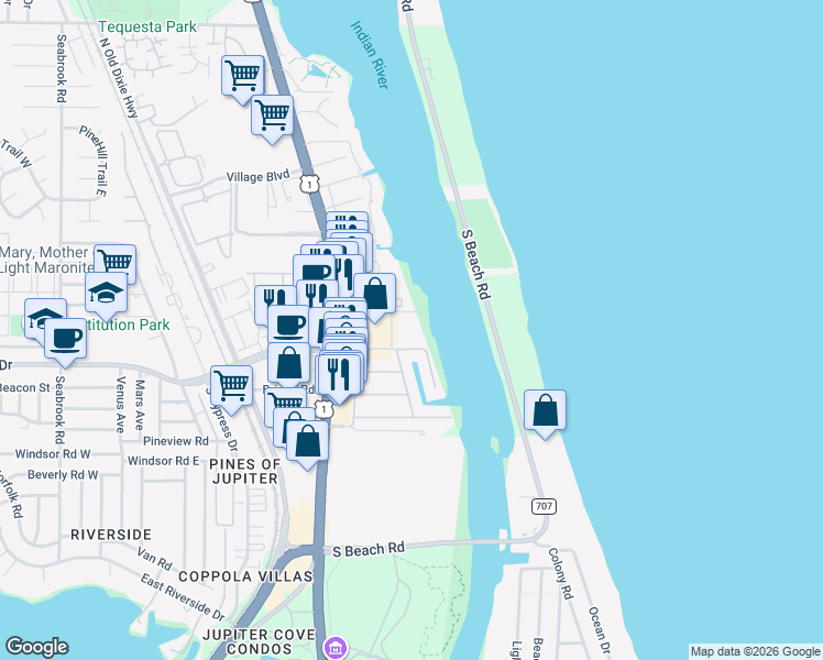 map of restaurants, bars, coffee shops, grocery stores, and more near 19198 Basin Street in Jupiter
