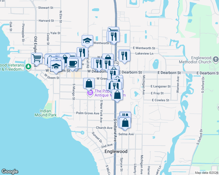 map of restaurants, bars, coffee shops, grocery stores, and more near 60 West Fray Street in Englewood