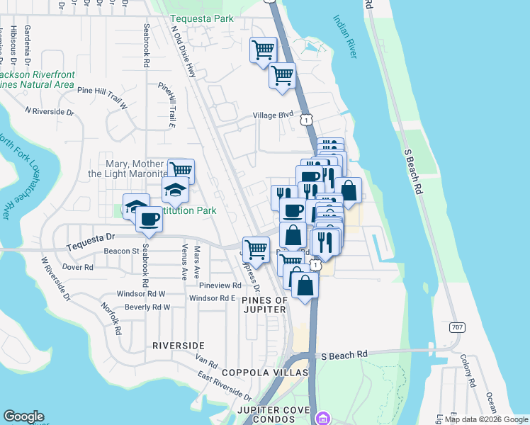 map of restaurants, bars, coffee shops, grocery stores, and more near 110 Lighthouse Circle in Jupiter