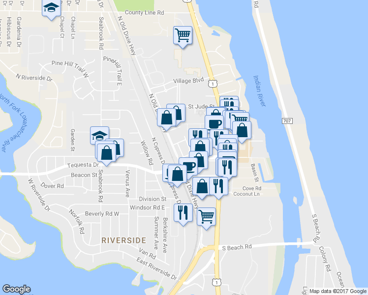 map of restaurants, bars, coffee shops, grocery stores, and more near 112 Lighthouse Circle in Tequesta