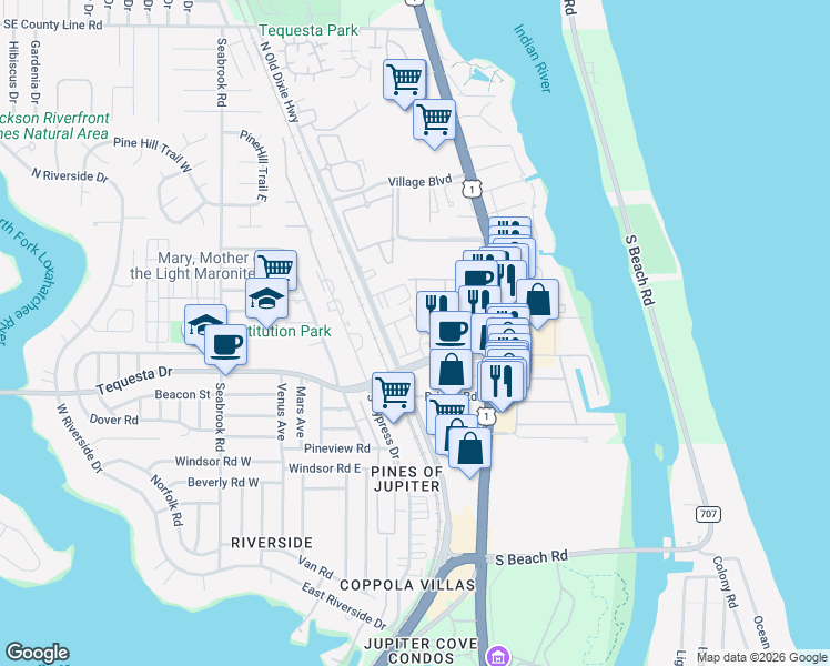 map of restaurants, bars, coffee shops, grocery stores, and more near 107 Lighthouse Circle in Tequesta