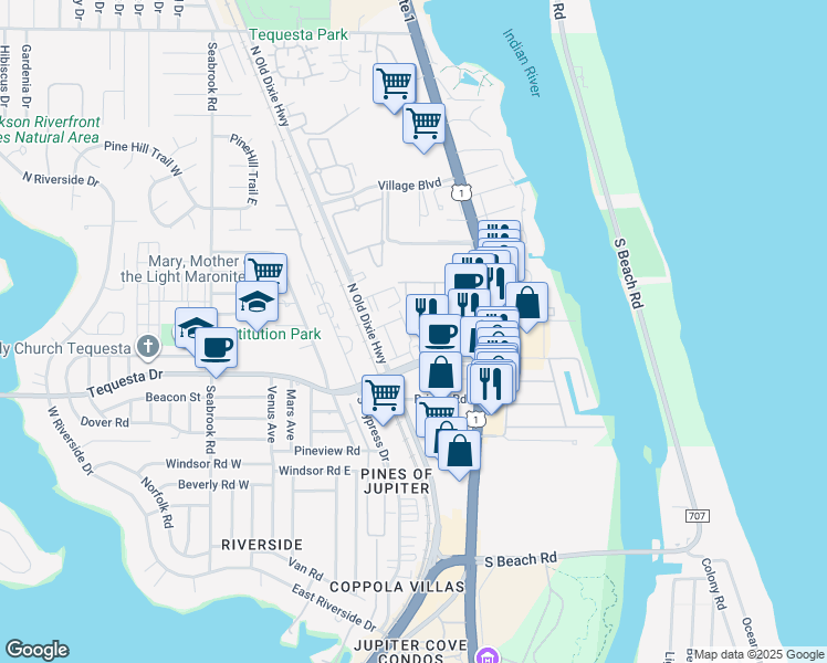map of restaurants, bars, coffee shops, grocery stores, and more near 112 Lighthouse Circle in Tequesta