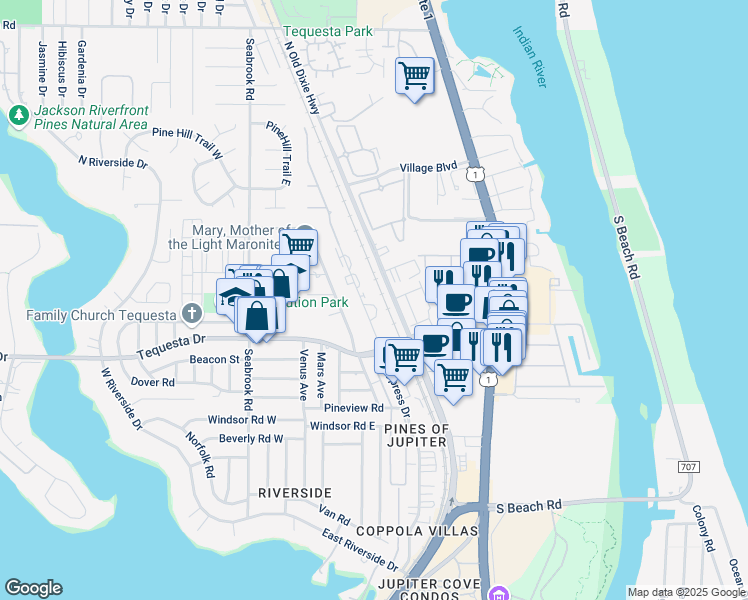 map of restaurants, bars, coffee shops, grocery stores, and more near 406 North Cypress Drive in Tequesta