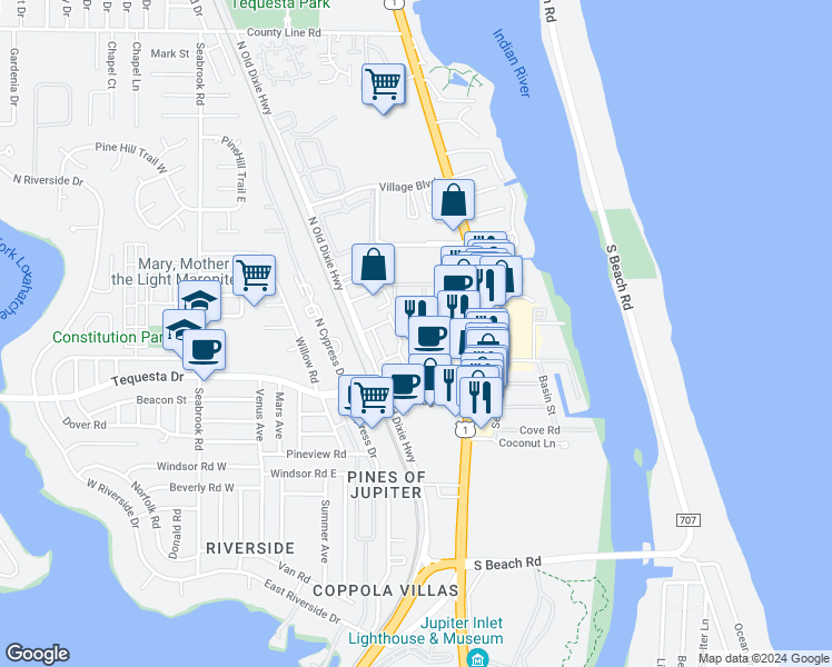 map of restaurants, bars, coffee shops, grocery stores, and more near 14 Oakleaf Court in Jupiter
