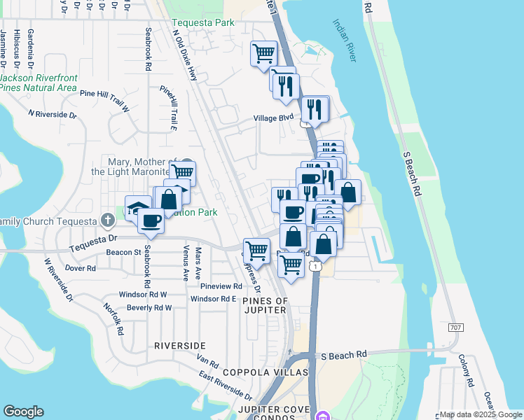 map of restaurants, bars, coffee shops, grocery stores, and more near 116 Lighthouse Circle in Tequesta