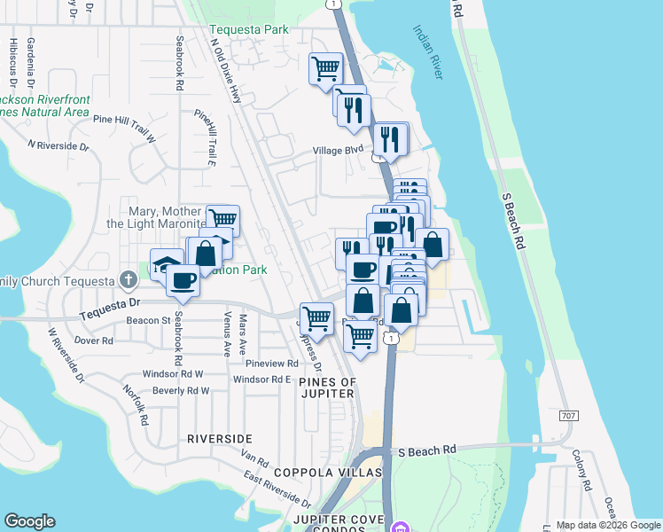 map of restaurants, bars, coffee shops, grocery stores, and more near 104 Lighthouse Circle in Tequesta