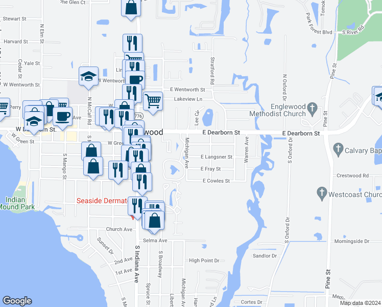 map of restaurants, bars, coffee shops, grocery stores, and more near 235 East Green Street in Englewood
