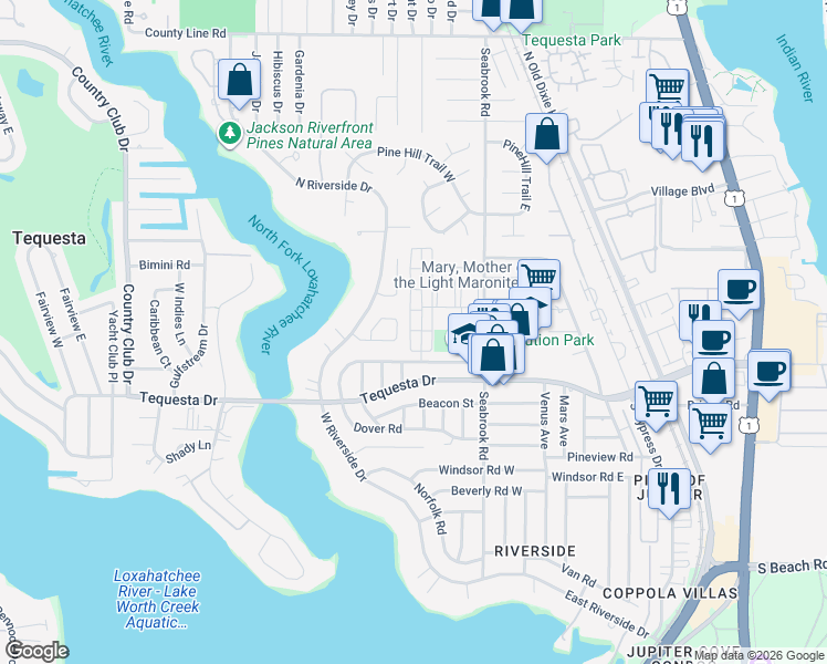 map of restaurants, bars, coffee shops, grocery stores, and more near 2 Garden Street in Jupiter